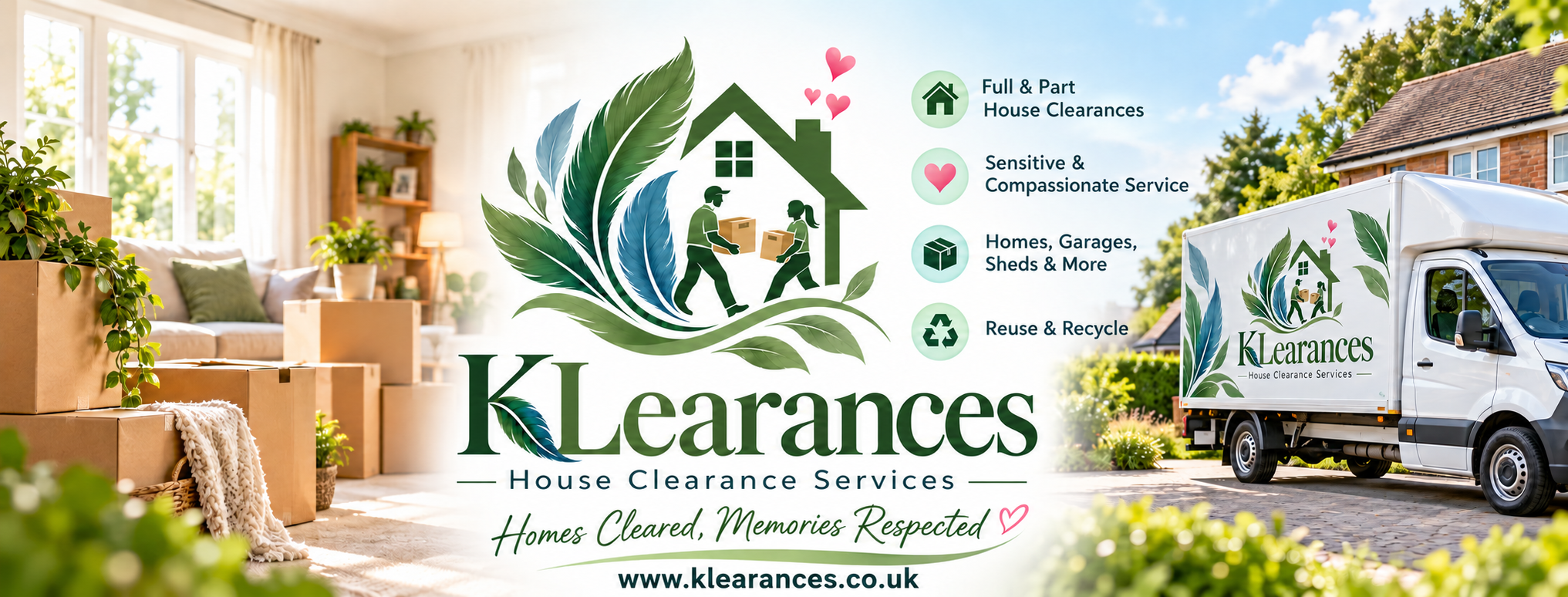KLearances branded illustration showing a home, moving boxes and a clearance van