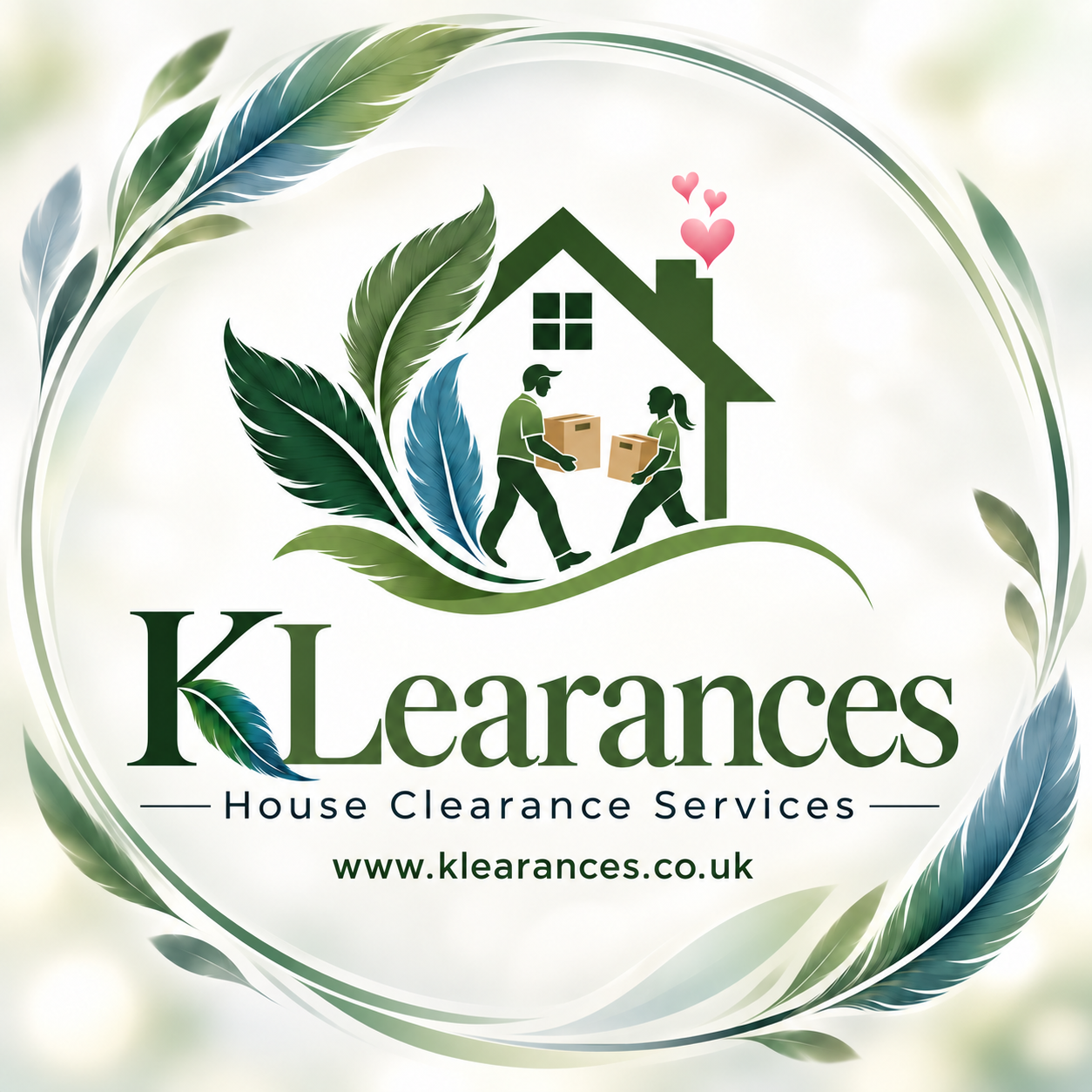 KLearances house clearance logo with green and blue feathers and pink hearts